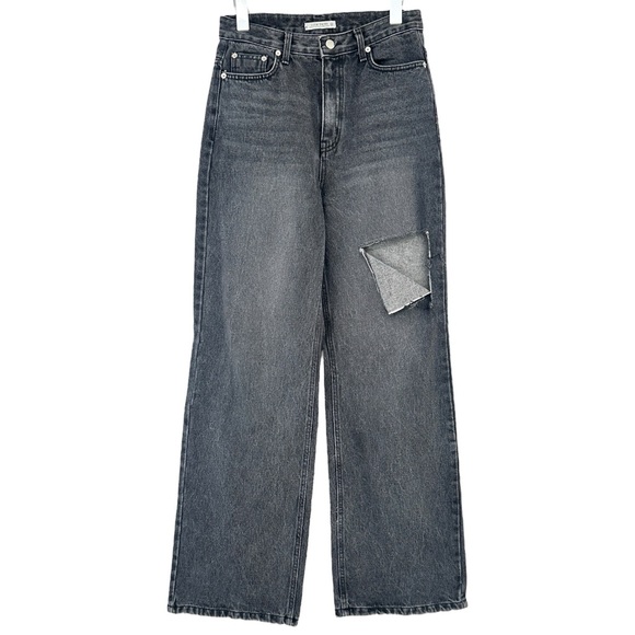 12th Tribe Brooklyn Washed Black Slash High Rise Straight Leg Boyfriend Jeans - Picture 5 of 16